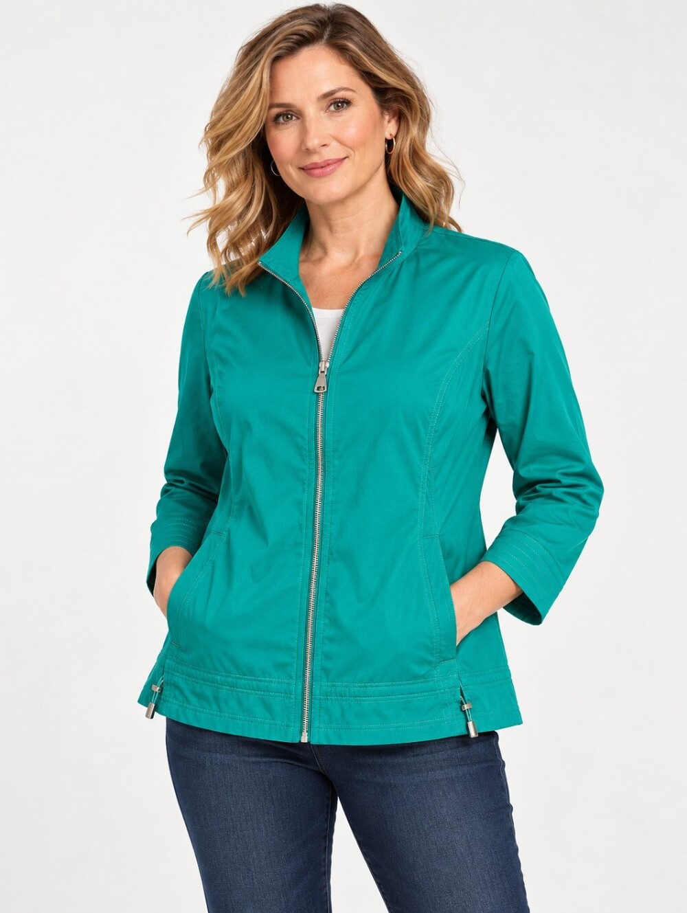 Zenergy by Chico’s Teal Turquoise Zip Front Jacket Size 1 Medium Adjustable Hem